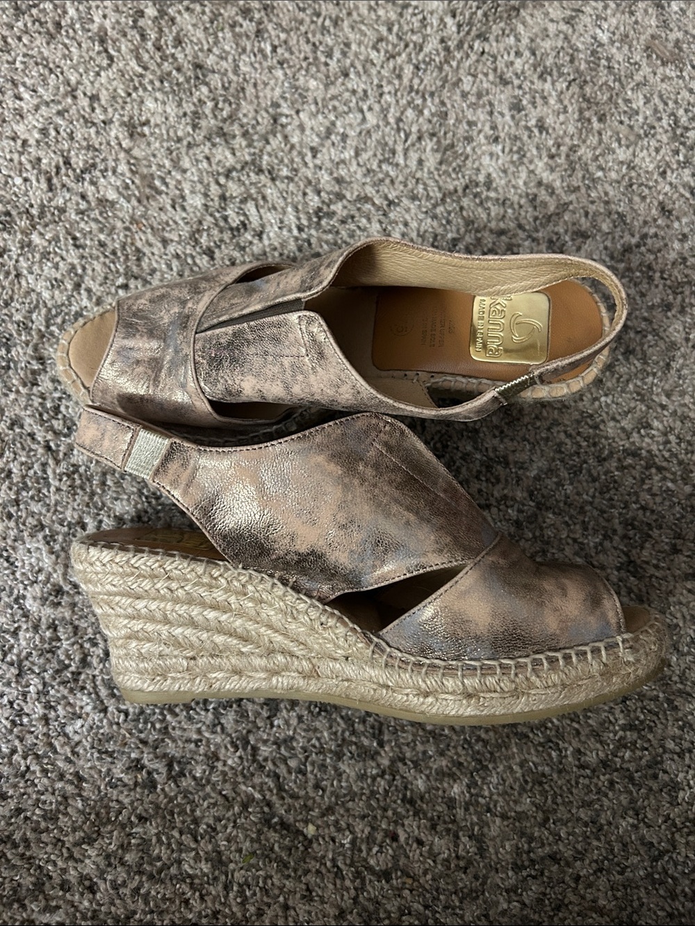 kanna Metallic Taupe Peep-Toe Slingback Wedge Sandals, Size 7.5 or 38